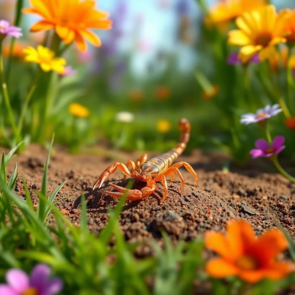 A close-up of the scorpion, small but distinctive, on a patch of soil, surrounded by grass and colorful flowers, digital design, realistic detail, inviting perspective, high quality