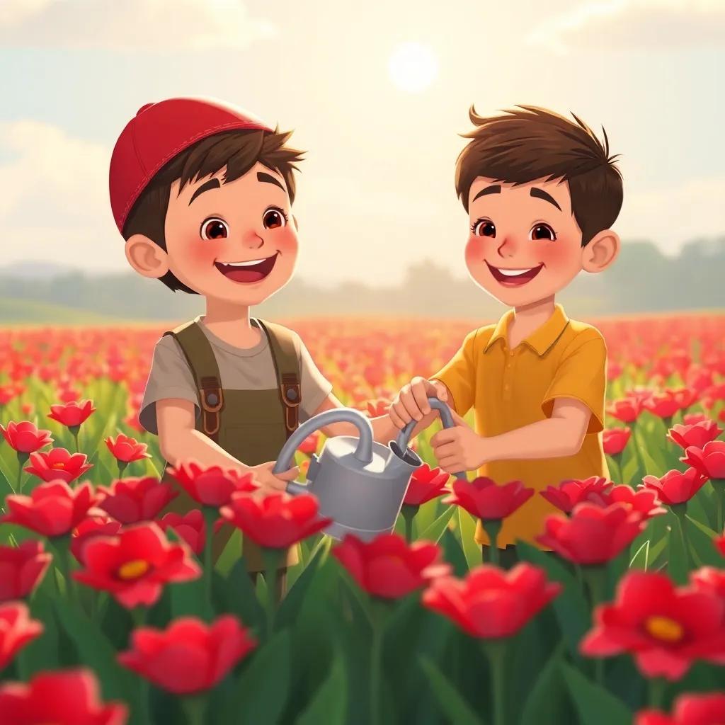 Adel and his brother watering bright red flowers in the field, smiles on their faces, the sun shining brightly on the flowers, illustration, cheerful atmosphere, high quality