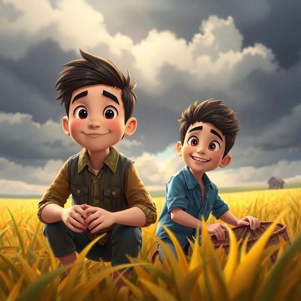Adel and his brother working together in the field, focused and cheerful, as dark clouds gather in the distance, colorful artwork, engaging scene, high quality