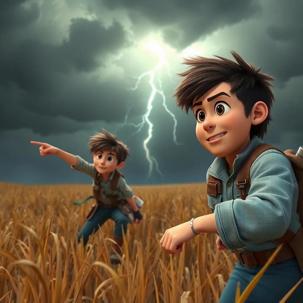 Adel points to the approaching storm while working quickly in the field with his brother, urgency on their faces, artistic image, exciting atmosphere, high quality