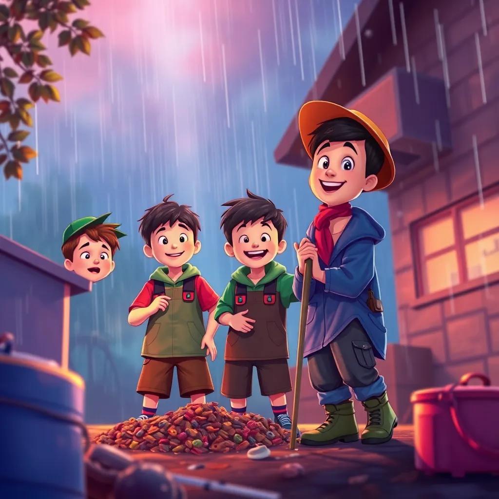 The boys finishing their work with a sense of accomplishment as rain begins to fall, joyful expressions on their faces, rich colors, heartwarming imagery, digital illustration