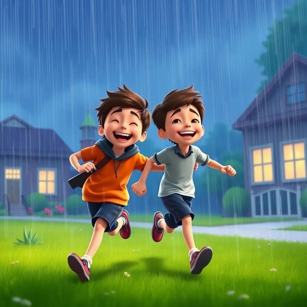 Adel and his brother running home together through the rain, laughing and enjoying the moment, bright colors, cheerful scene, high quality