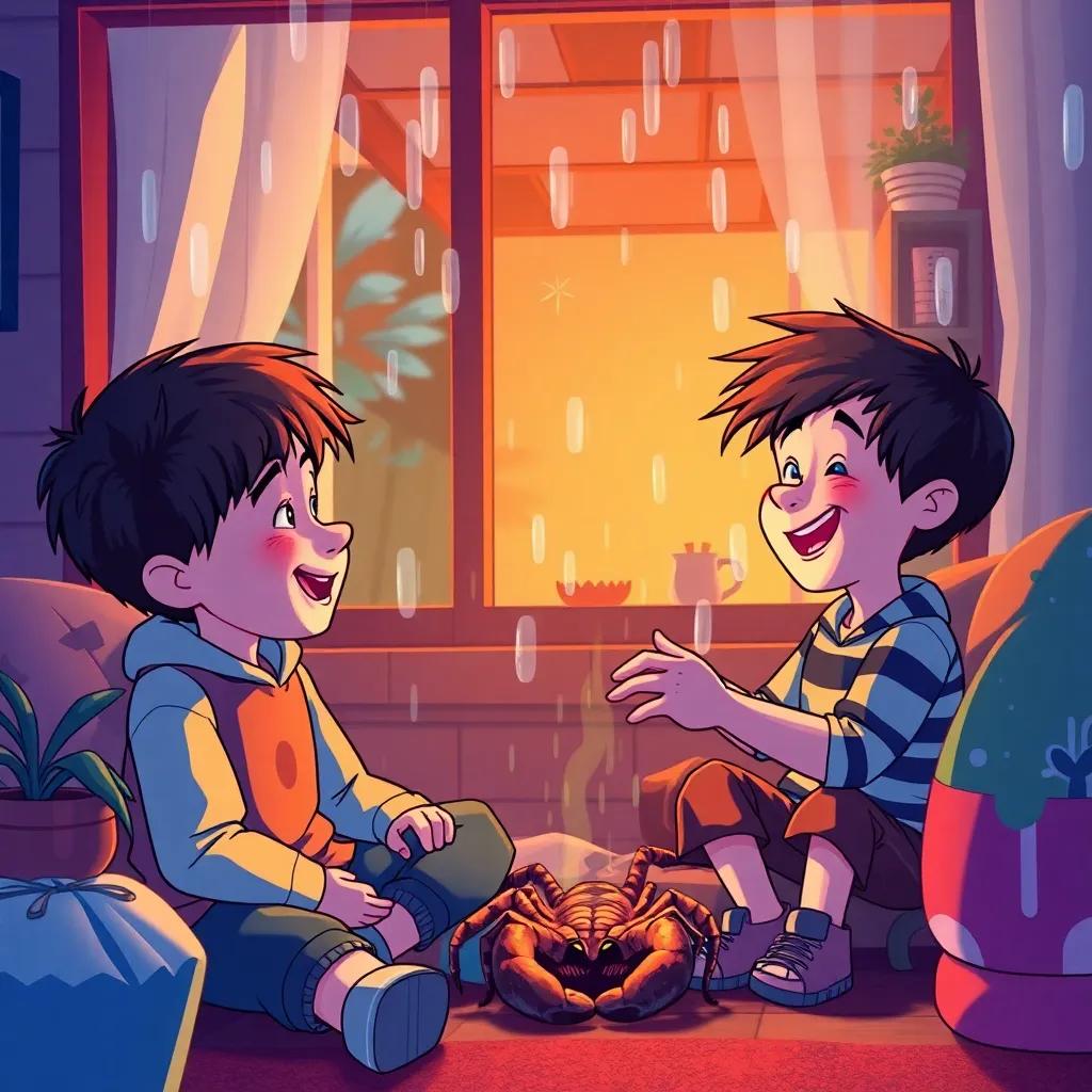 An illustration of the boys laughing about their scorpion encounter, in a cozy home after the rainy day, colorful, warm, inviting atmosphere, heartwarming imagery.