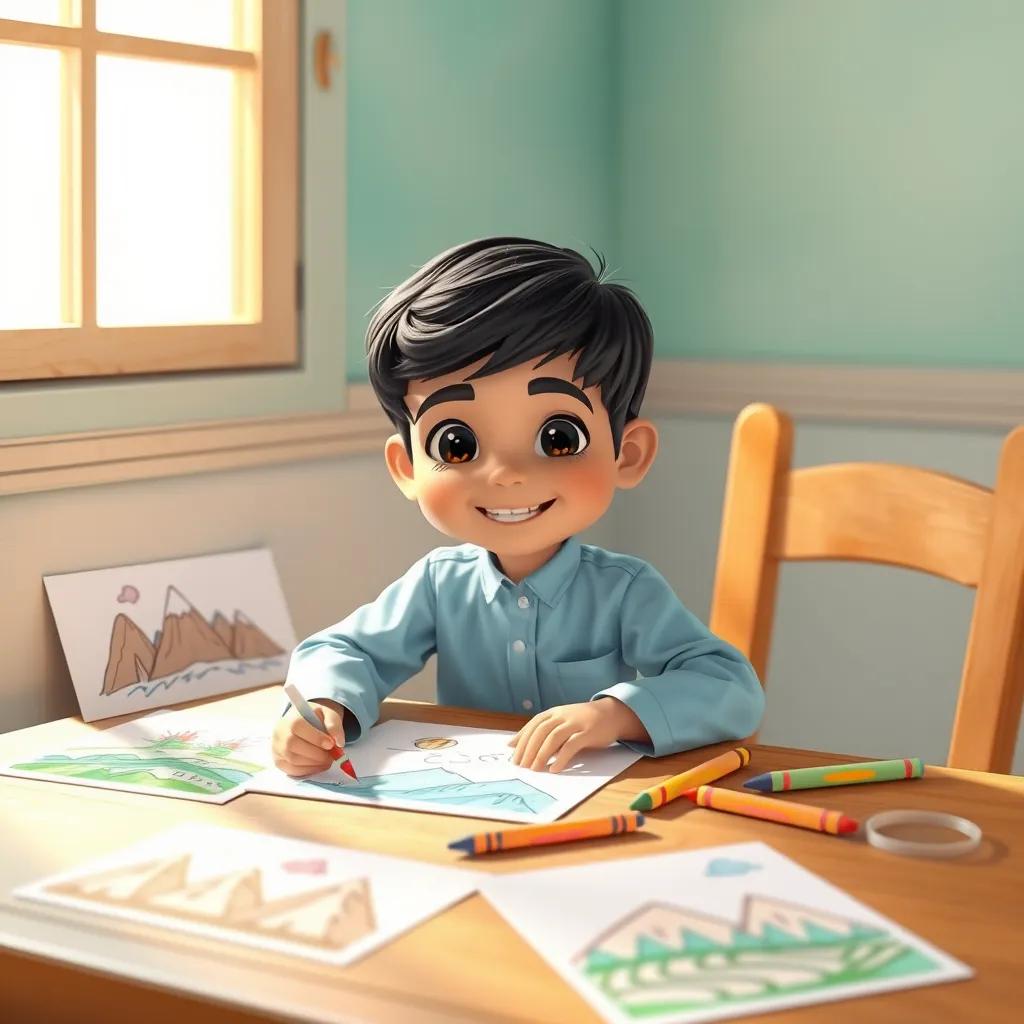 A young Arab boy, Sami, with short black hair, wearing a light blue shirt and jeans, sitting at a wooden table with paper and crayons, colorful drawings of mountains and deserts around him, bright sunlight spilling in through a window, cheerful atmosphere, digital art, child-friendly