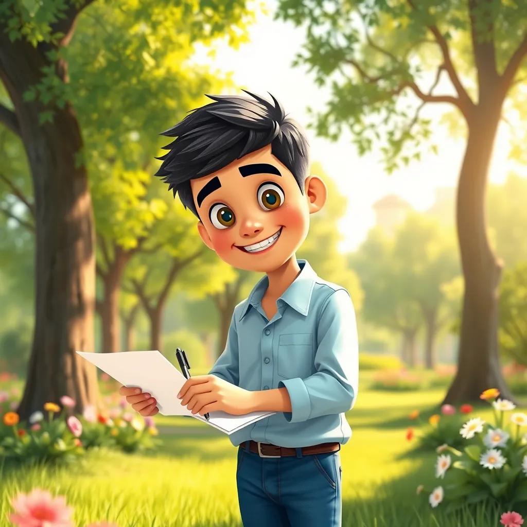 Sami, a young Arab boy, with short black hair, wearing a light blue shirt and jeans, writing a letter with a big smile in an outdoor park filled with green trees and flowers, warm sunlight, happy setting, illustration, inviting