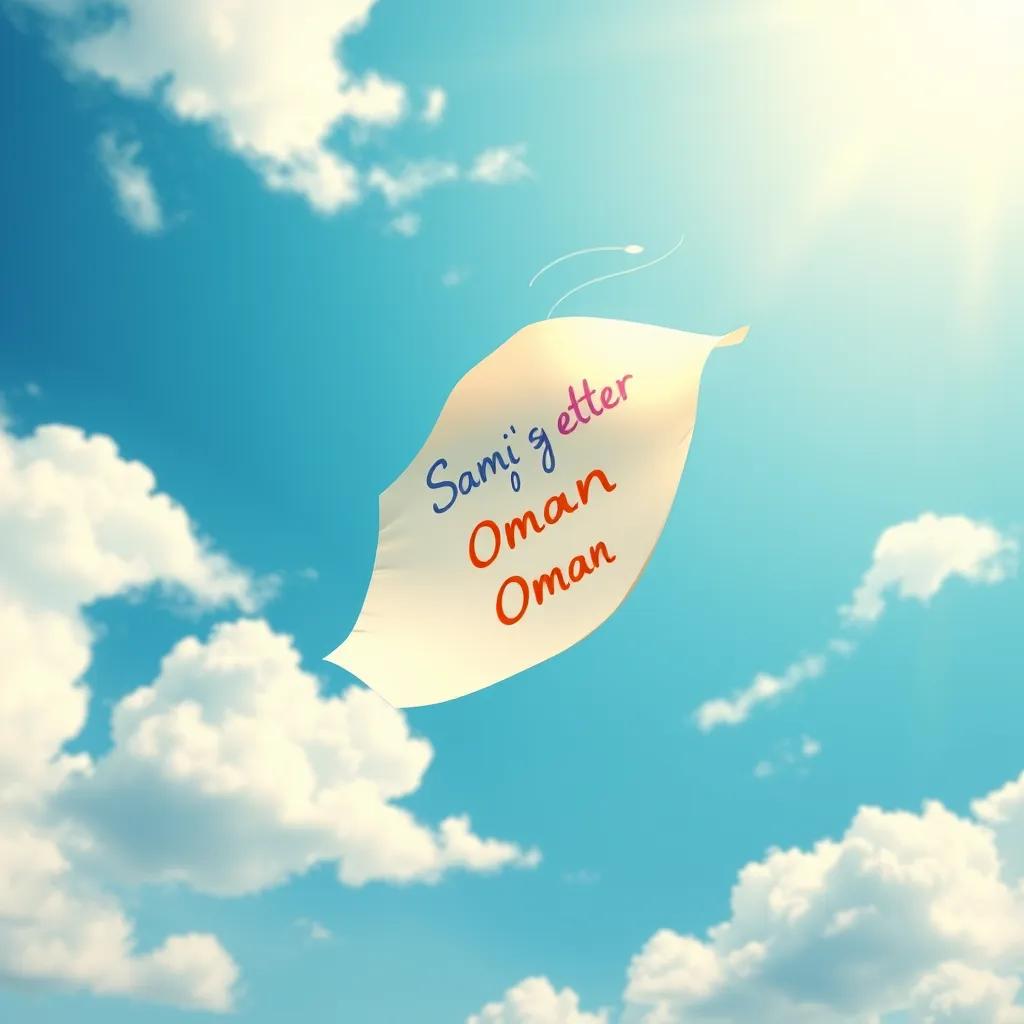 A beautiful wind blowing with a piece of paper flying through the air, showing Sami's colorful letter flying towards Oman, surrounded by a bright blue sky and fluffy clouds, dynamic view, cheerful and uplifting, digital painting