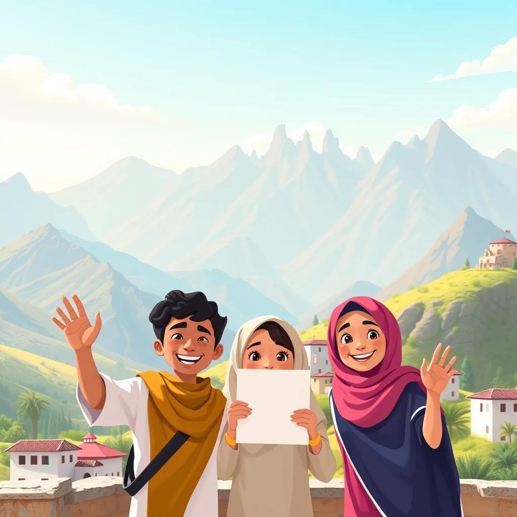Sami's friends from Oman, smiling and waving at a picturesque mountain backdrop with traditional Omani houses, they hold a reply letter, vibrant mountains, sunny day, joyful illustration