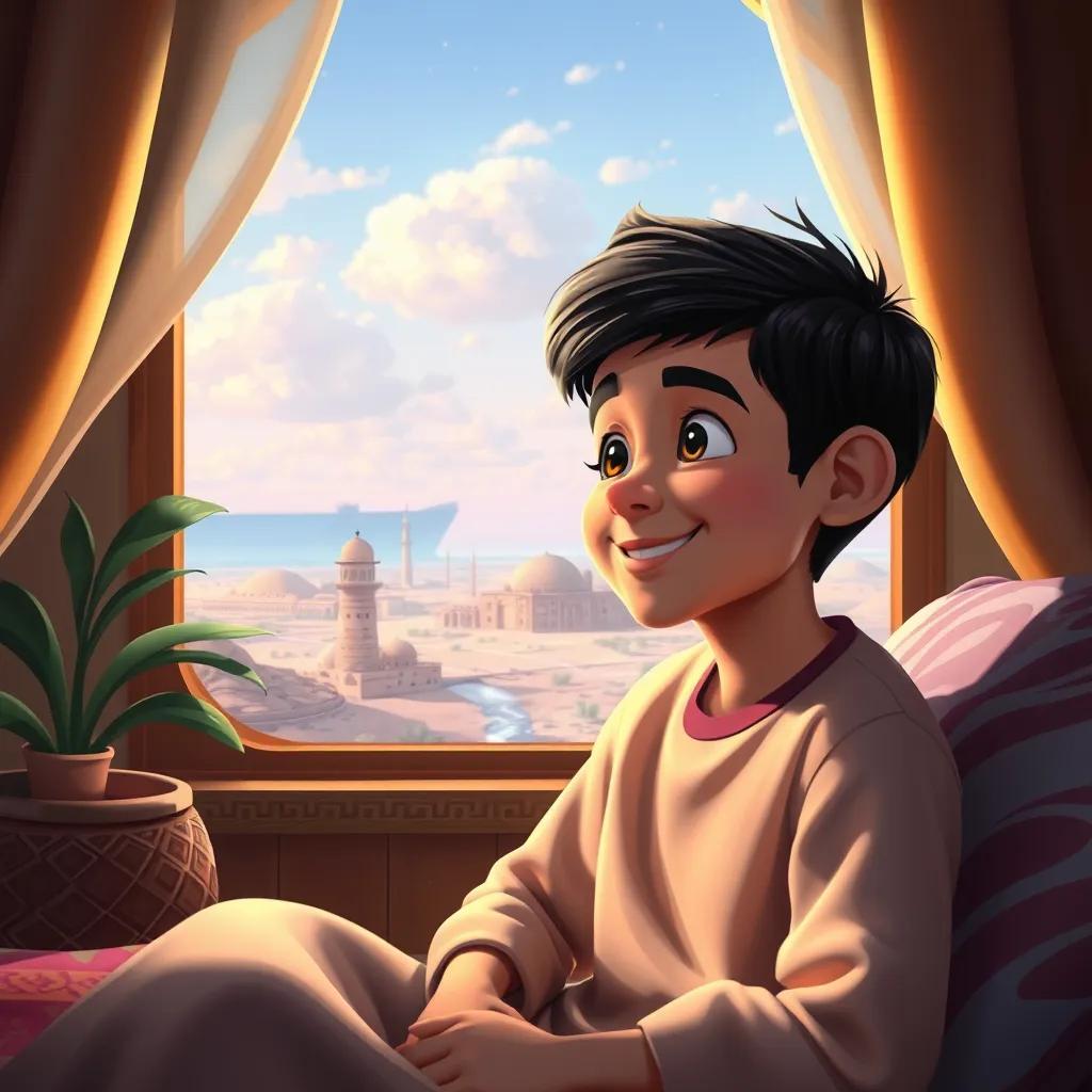 Sami, a young Arab boy, with short black hair, in a cozy room looking at a photo of Omani landscapes, dreaming with a big smile, vibrant colors, warm and nostalgic atmosphere, digital art