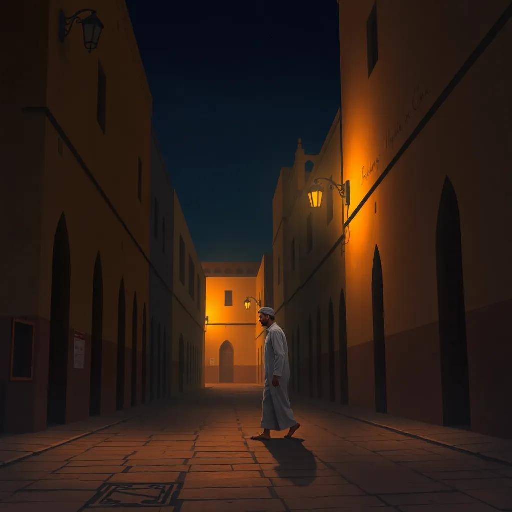 A quiet street in Medina at night, shadows of buildings, a soft light illuminating, a figure of a tall man in traditional Arabic attire walking carefully, a detailed digital painting, warm tones, peaceful ambiance, high quality