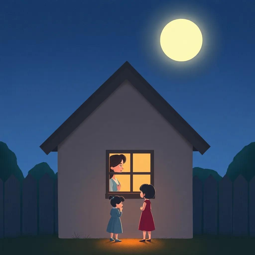 A simple house with muted colors under the moonlight, a mother and daughter visible through a small window, the mother speaking with care, the daughter looking resolutely back, illustration, cozy scene, heartwarming, high quality