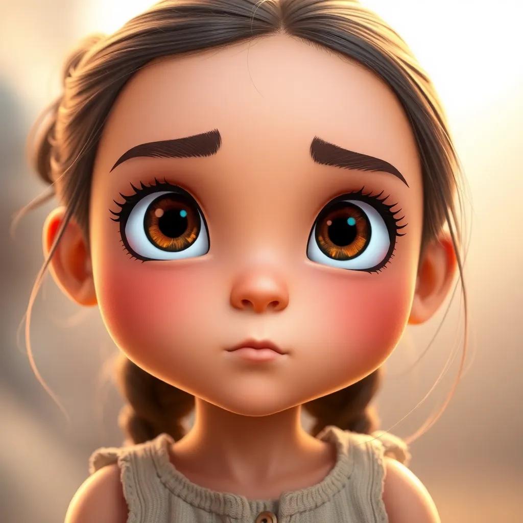 A close-up of the girl, with expressive eyes, wearing a simple dress, her hair tied back, showing determination and faith, digital art, bright and colorful, child-friendly, high quality