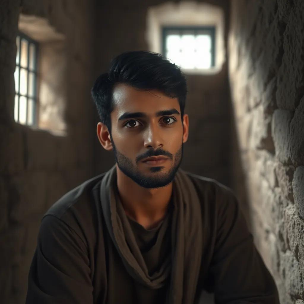 A scene of a young Arabic man, Abu Firas Al-Hamdani, with short black hair and a light beard, sitting in a dimly lit prison cell, looking contemplative. The cell has stone walls and a small window with bars letting in a faint light, digital art, soft light, muted colors, reflective mood, high quality