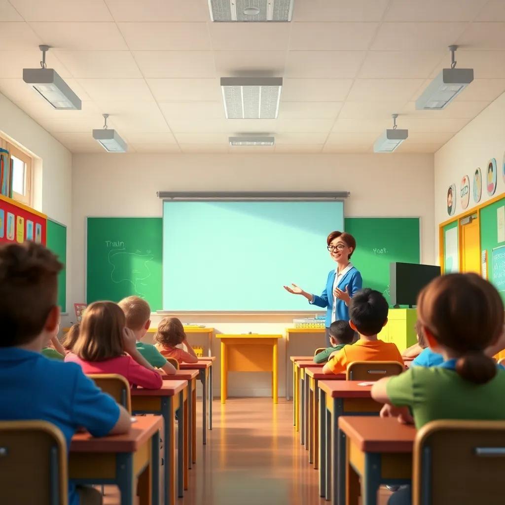 Inside a classroom, cheerful teacher speaking to students, bright classroom with colorful desks, students sitting attentively, digital art, vivid colors, engaging atmosphere, high quality