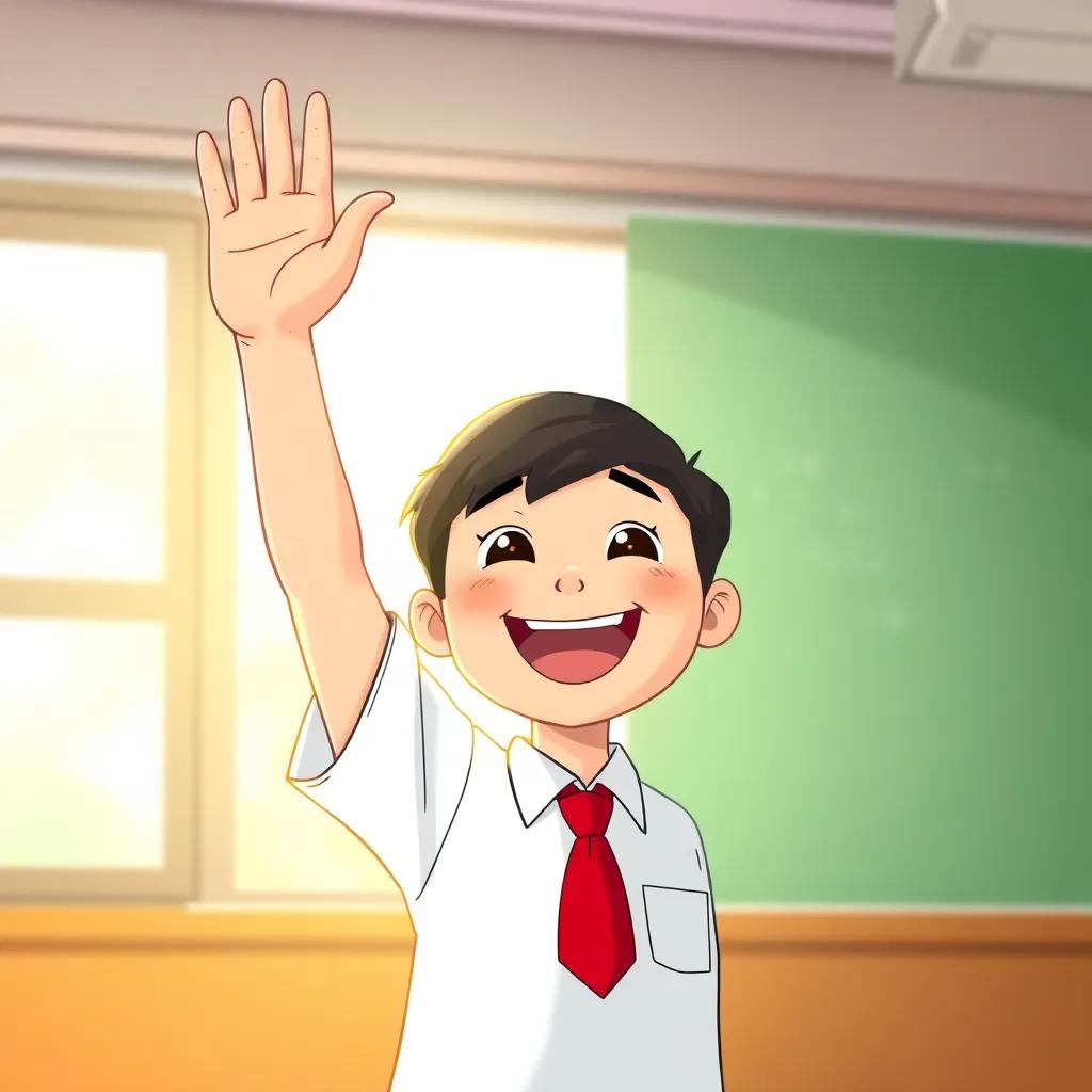 A student raising his hand enthusiastically, wearing a school uniform, smiling face, bright sunlight coming from the window, showing eagerness to participate, illustration, cheerful and inviting, high quality