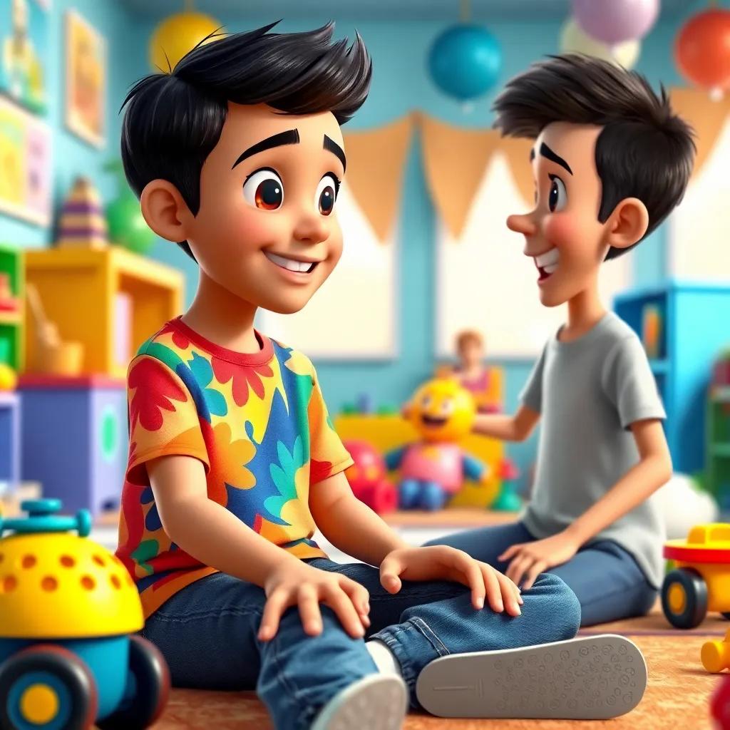 A young Arab boy, Sami, with short black hair wearing a colorful t-shirt and jeans, sitting in a vibrant room filled with toys, talking to his excited friend Ali, digital art, bright colors, cheerful atmosphere, high quality