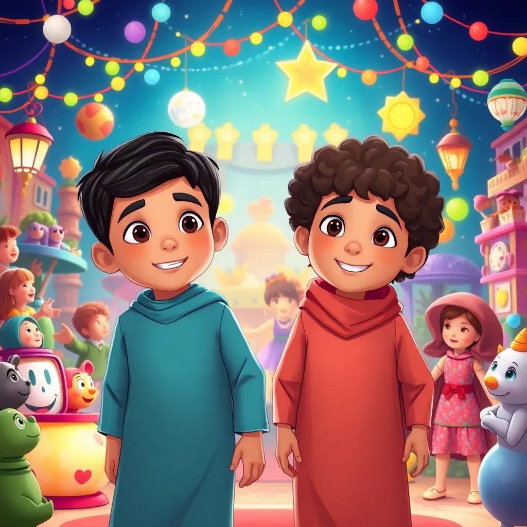 Two young Arab boys, Sami with short black hair and Ali with curly brown hair, entering a magical world filled with talking dolls and dancing toys, surrounded by colorful lights and fun decorations, illustration, whimsical, child-friendly, high quality