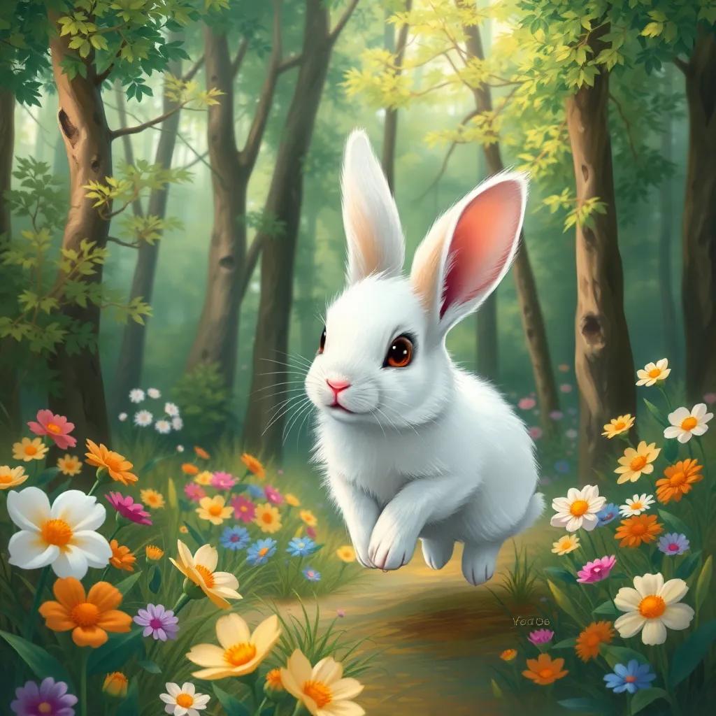 A small rabbit named Ryo, with fluffy white fur and big ears, hopping in a colorful forest filled with green trees and bright flowers, cheerful digital art, vibrant colors, inviting atmosphere, high quality