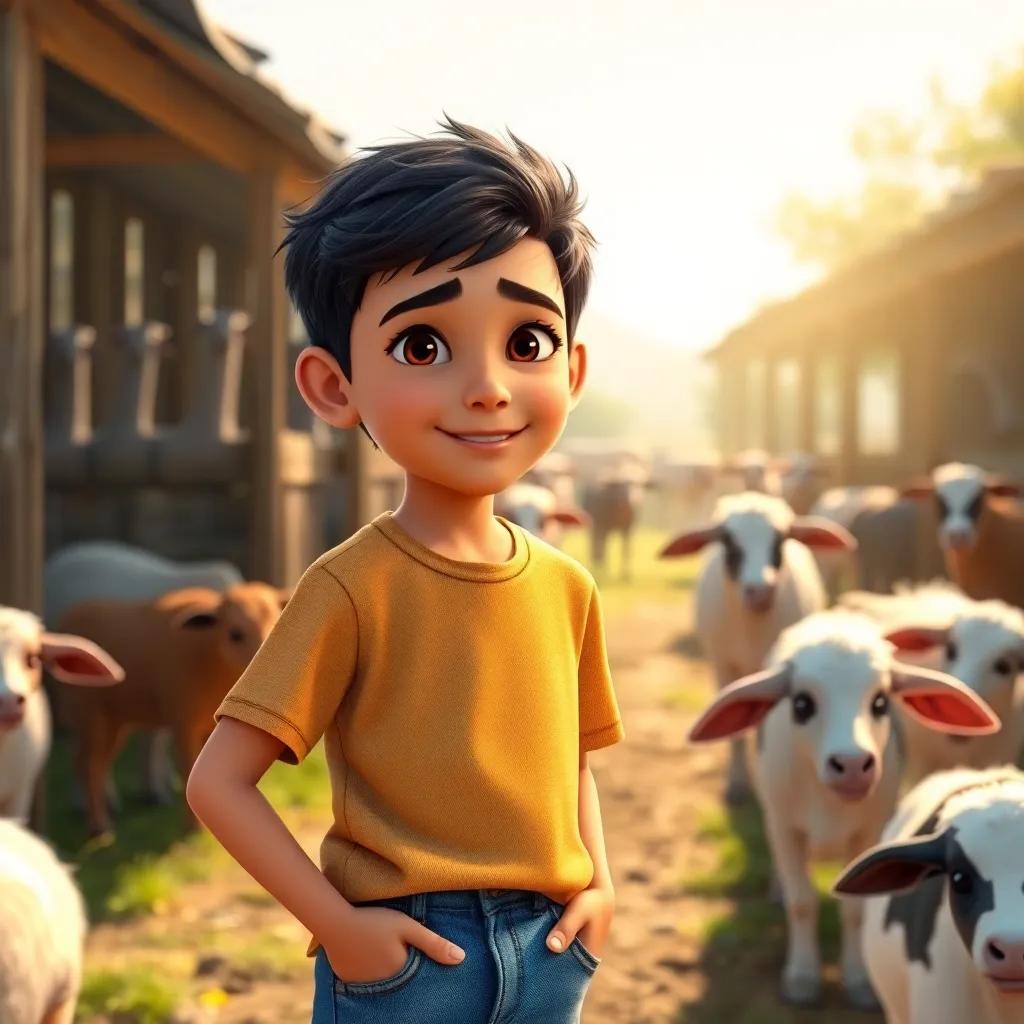 A young Arab boy, Fahd, with short dark hair wearing a t-shirt and jeans, standing next to his grandfather in a sunny farm with animals around, digital art, cheerful colors, warm light, inviting atmosphere, high quality