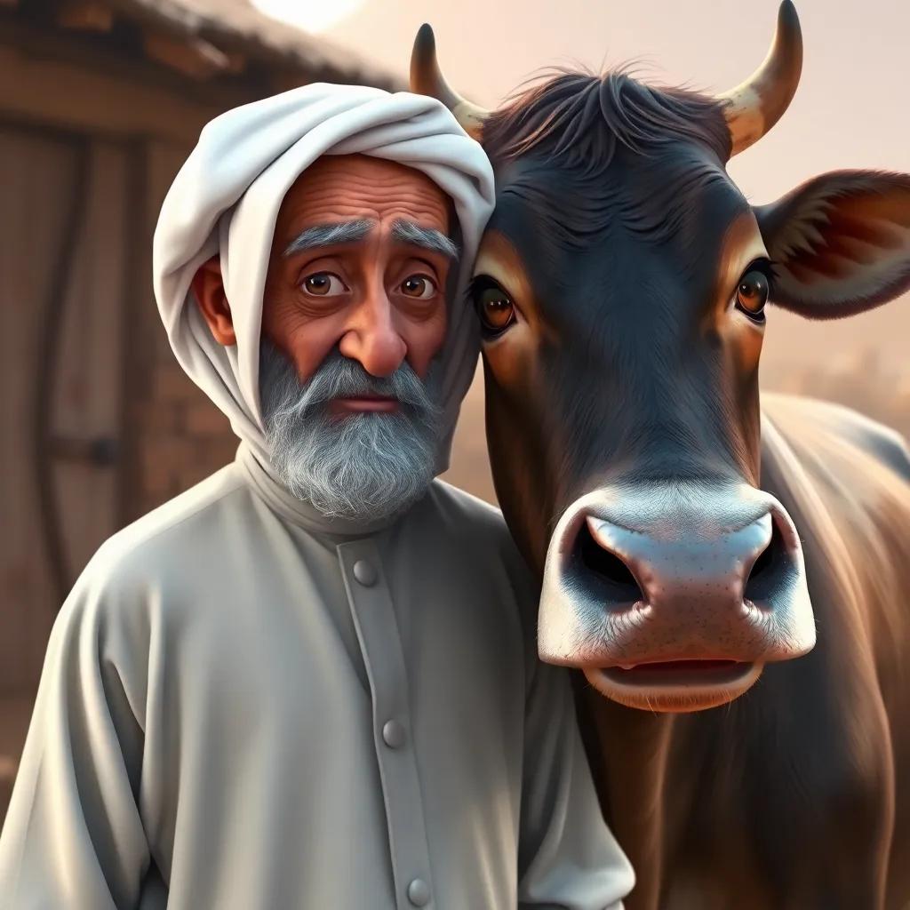 An elderly Arab man, Fahd's grandfather, wearing a traditional white thawb and a black agal, standing beside a large, friendly cow with big brown eyes, digital painting, rustic farm background, soft focus, warm colors