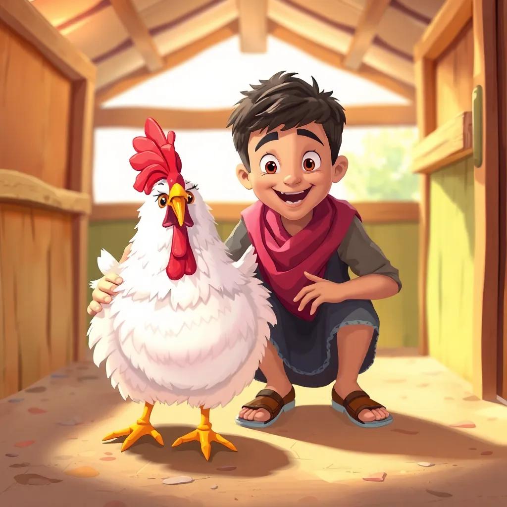 Fahd, a young Arab boy, crouching excitedly next to a fluffy hen with strings of feathers, in a vibrant chicken coop, colorful and lively scene, illustration, playful mood, good lighting