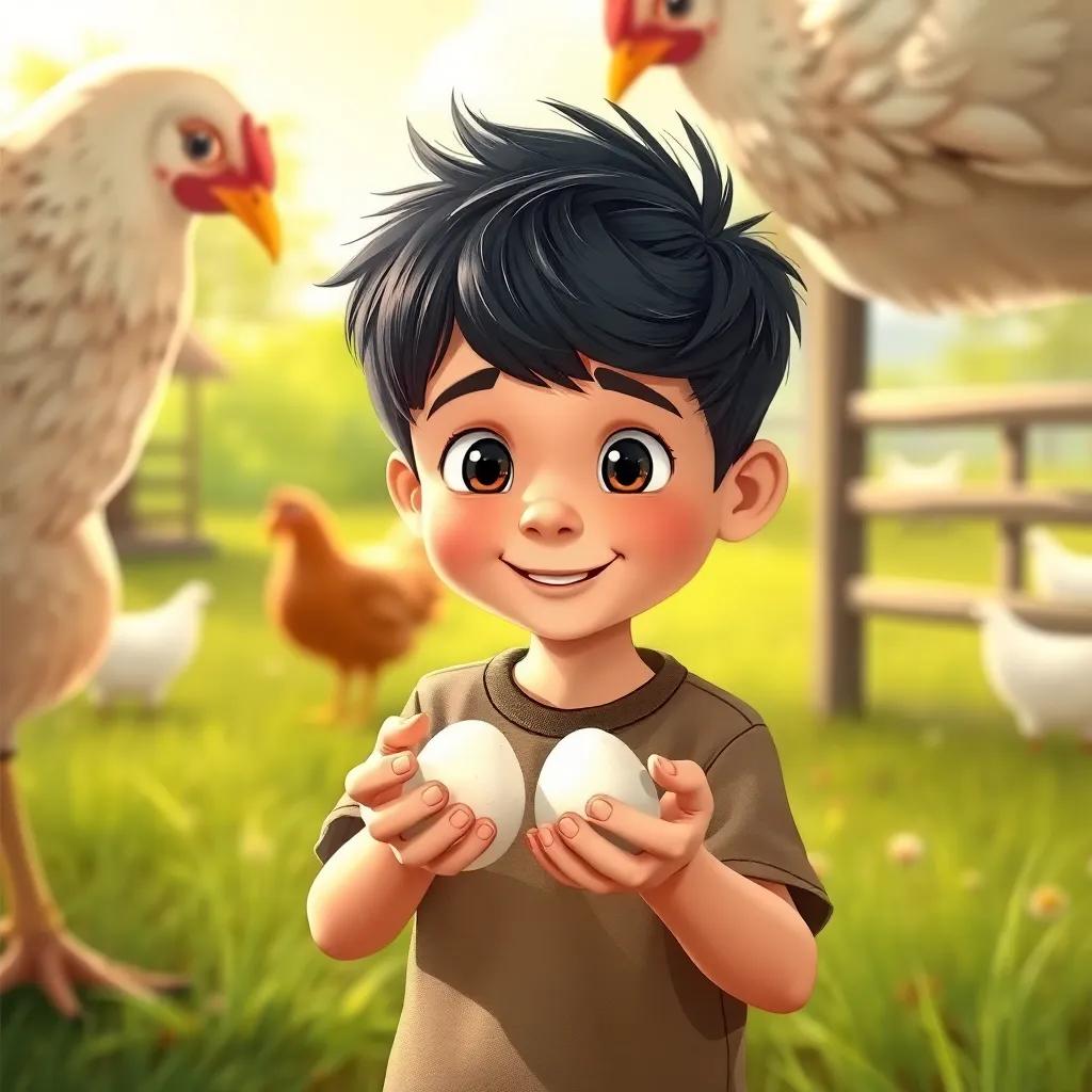 A young boy, Fahd, gently holding two eggs he found under a hen, looking happy and proud, bright and sunny atmosphere with farm backdrop, illustration, child-friendly