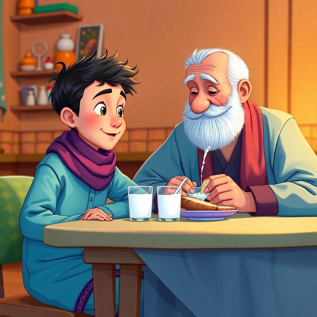 Fahd, a young boy, sitting at a table with his grandfather, both enjoying delicious milk and bread, vibrant colors, cozy atmosphere, heartwarming scene, high quality