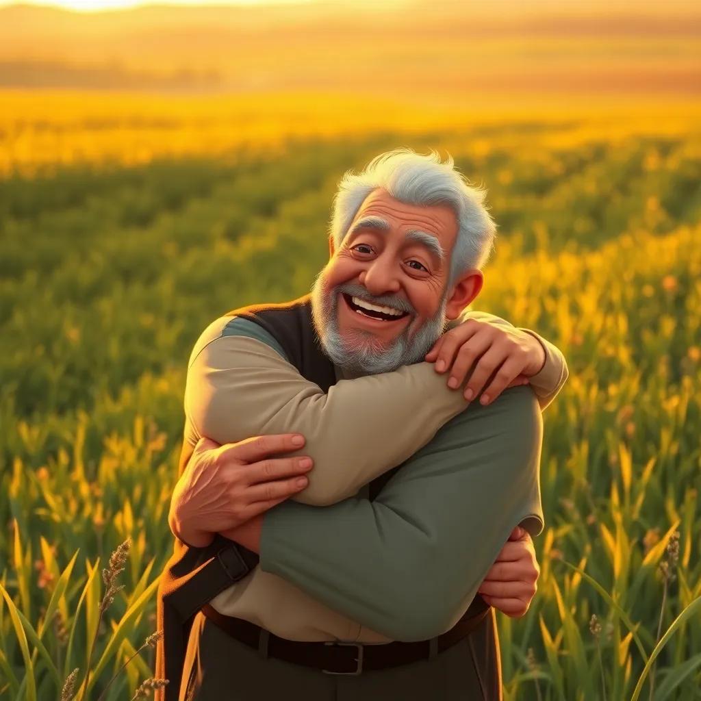 An elderly man, Fahd's grandfather, embracing his grandson, both smiling happily in the farm's green fields, golden hour lighting, touching moment, illustration, emotional