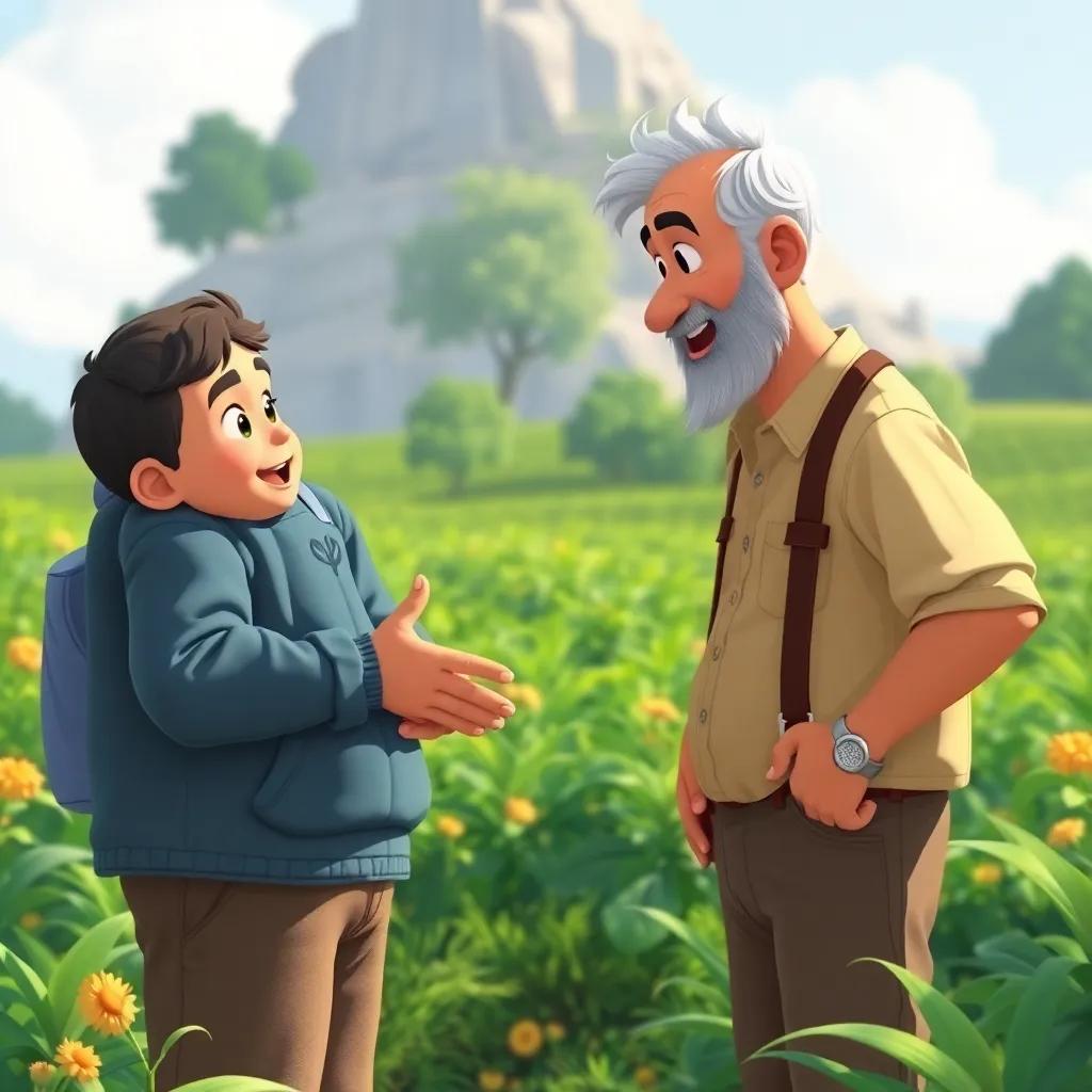Fahd, a young boy, talking enthusiastically to his grandfather about helping with the farm, both looking excited while standing amongst the lush landscape, illustration, bright and cheerful environment, high quality