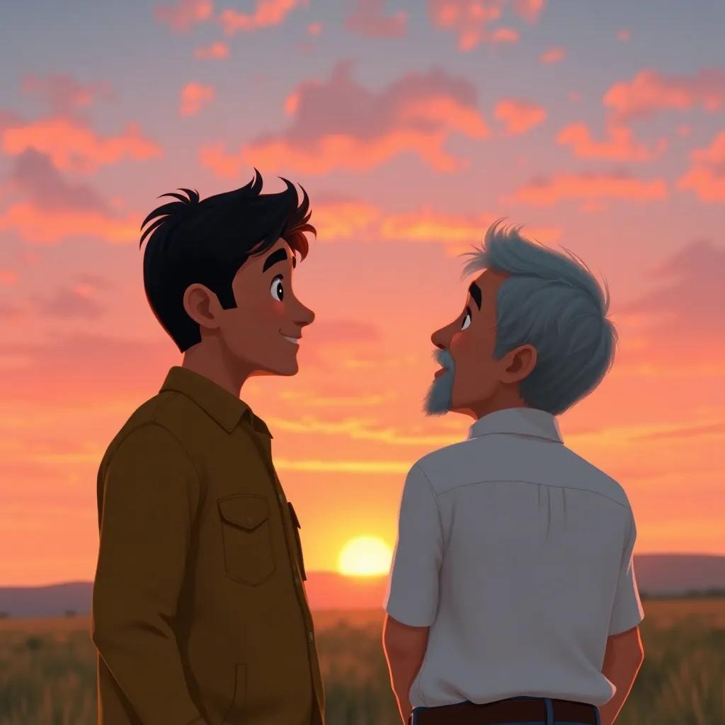 Fahd and his grandfather watching a beautiful sunset, both smiling and reminiscing about their wonderful day on the farm, warm orange and pink hues in the sky, serene atmosphere, high quality