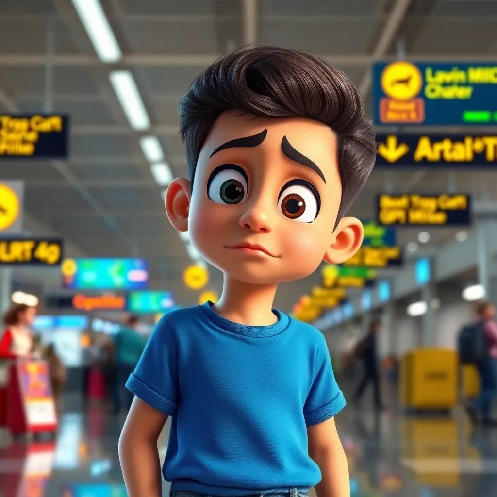 A young boy, Khalid, looking around confused in a busy airport terminal, wearing a blue t-shirt and jeans, with a puzzled expression, colorful airport signs in the background, vibrant atmosphere, digital art, cheerful, child-friendly, high quality