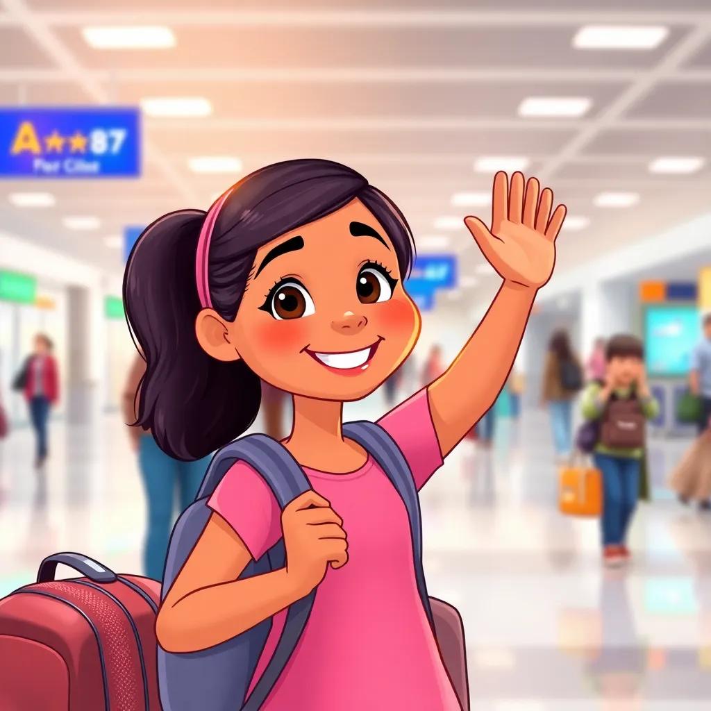 A girl, Aisha, smiling and waving to Khalid, wearing a pink dress and backpack, in the airport, with other travelers in the background, friendly and inviting, bright lights, illustration, engaging and warm, high quality