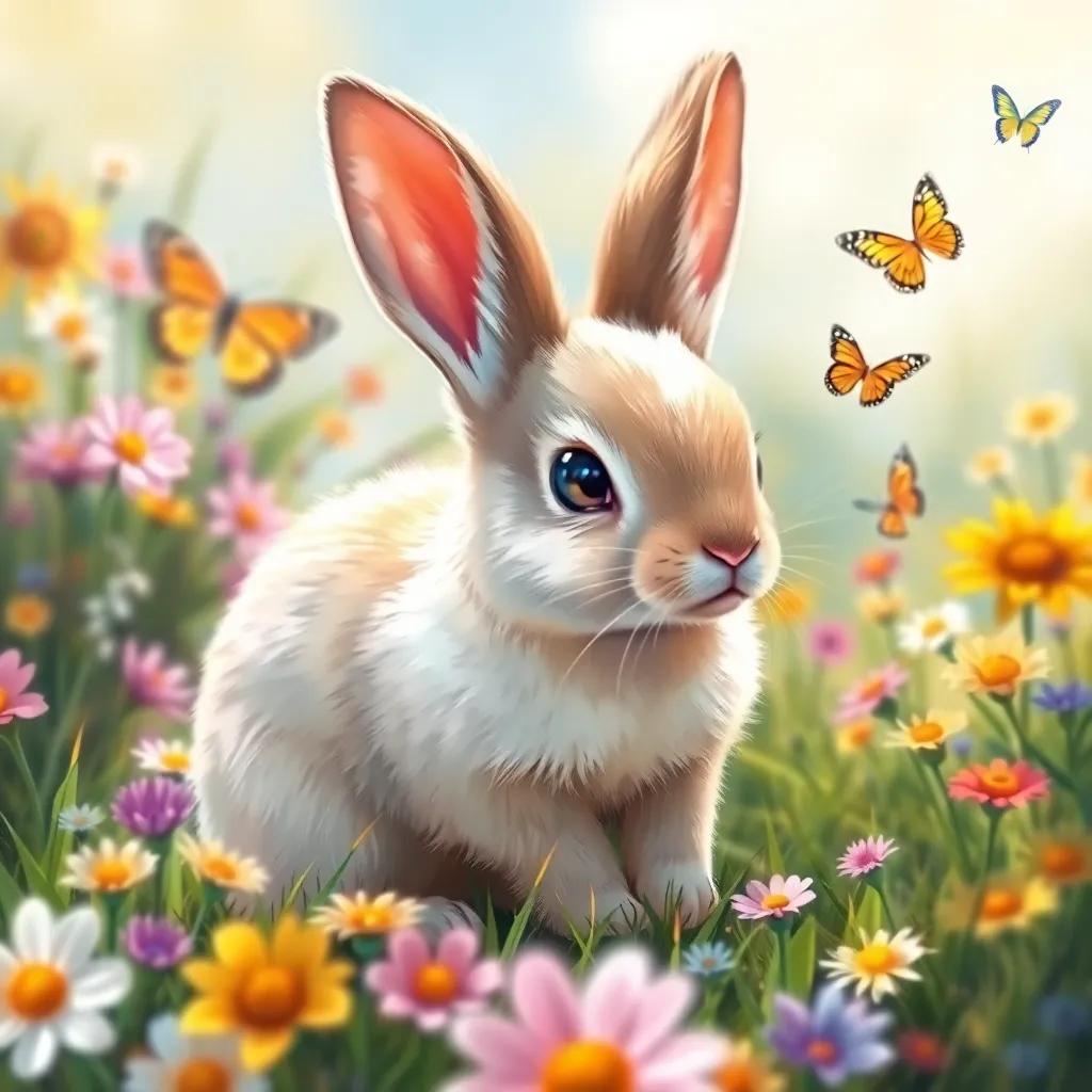 A small rabbit named Fulful, with smooth fur and bright eyes, playing in a sunny meadow with colorful flowers and butterflies, digital art, vibrant colors, cheerful atmosphere, high quality