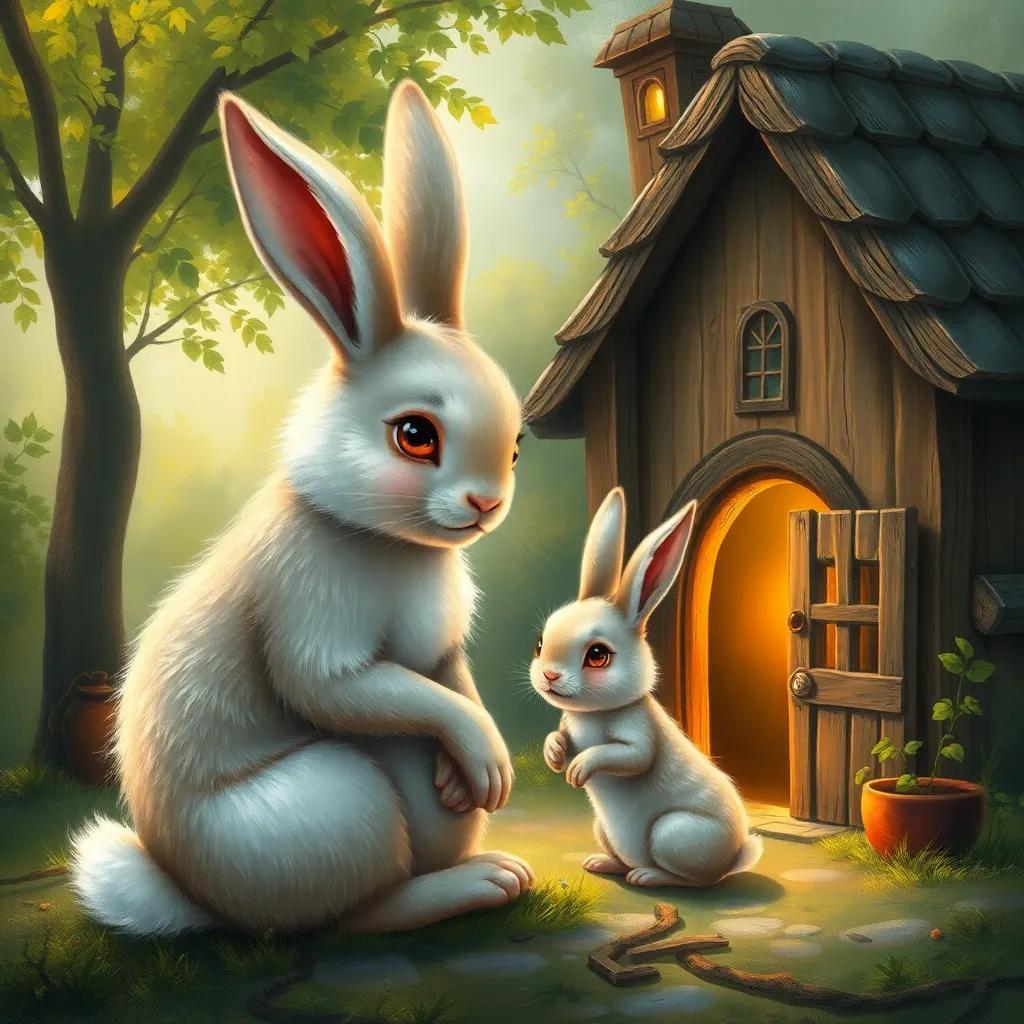 Fulful's mother, a caring rabbit with soft fur and gentle eyes, sitting by a cozy little house surrounded by green trees, giving advice to her little bunny with love, warm light, nurturing scene, high quality
