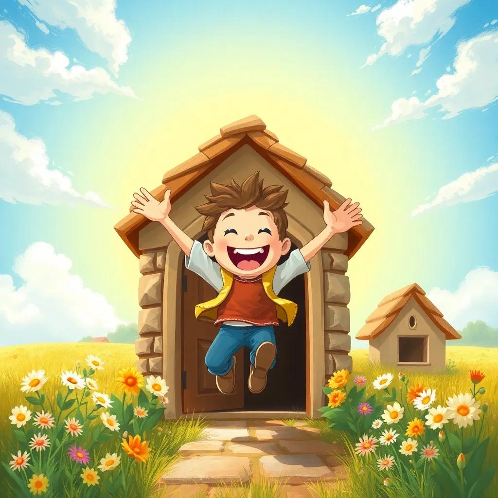 Fulful excitedly jumping out of his house into the bright, sunny fields, with a big smile on his face, surrounded by blooming flowers and a clear blue sky, illustration, joyful, adventure, child-friendly
