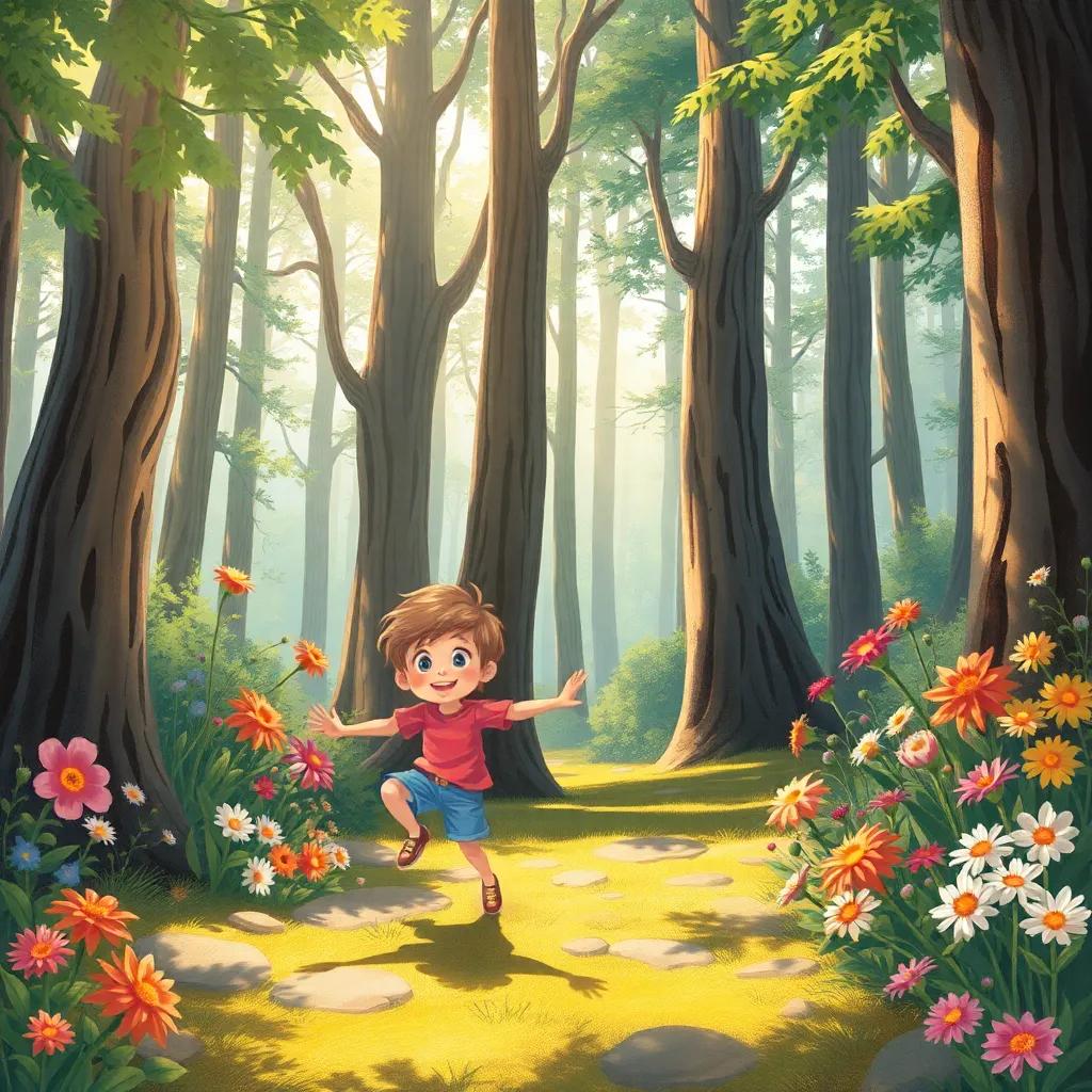 Fulful hopping into a magical forest with tall, beautiful trees and vibrant flowers, the sunlight casting playful shadows, excited yet cautious look, illustration, bright colors, enchanting atmosphere, child-friendly