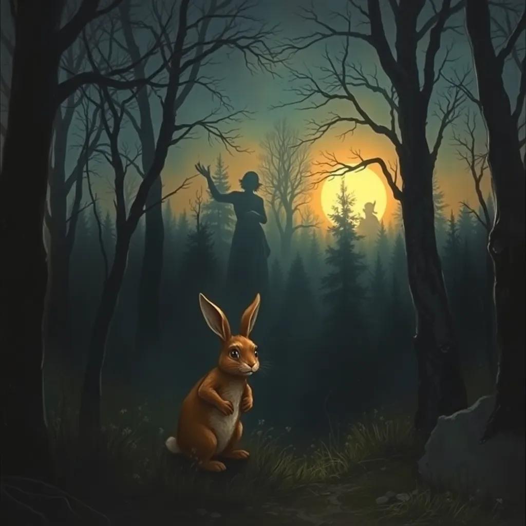 A dark forest scene as the sun sets, with mysterious shadows among the trees; Fulful the rabbit looking frightened, trying to find his way amidst the darkness, atmospheric, suspenseful, high quality