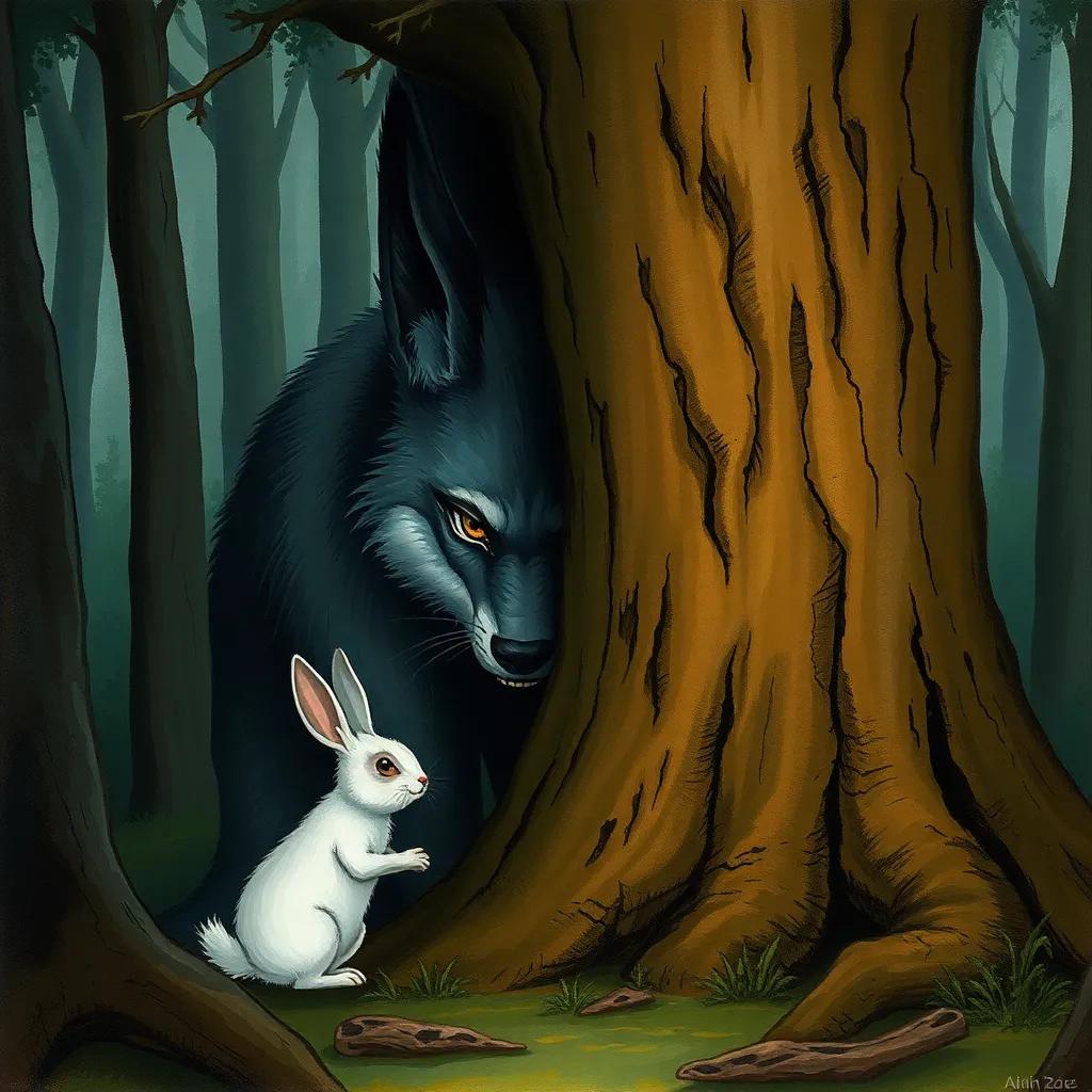 A wolf lurking behind a large tree, with sharp eyes and a cunning expression, looking at the scared little rabbit, the forest slightly darkened, tense atmosphere, illustration, high quality