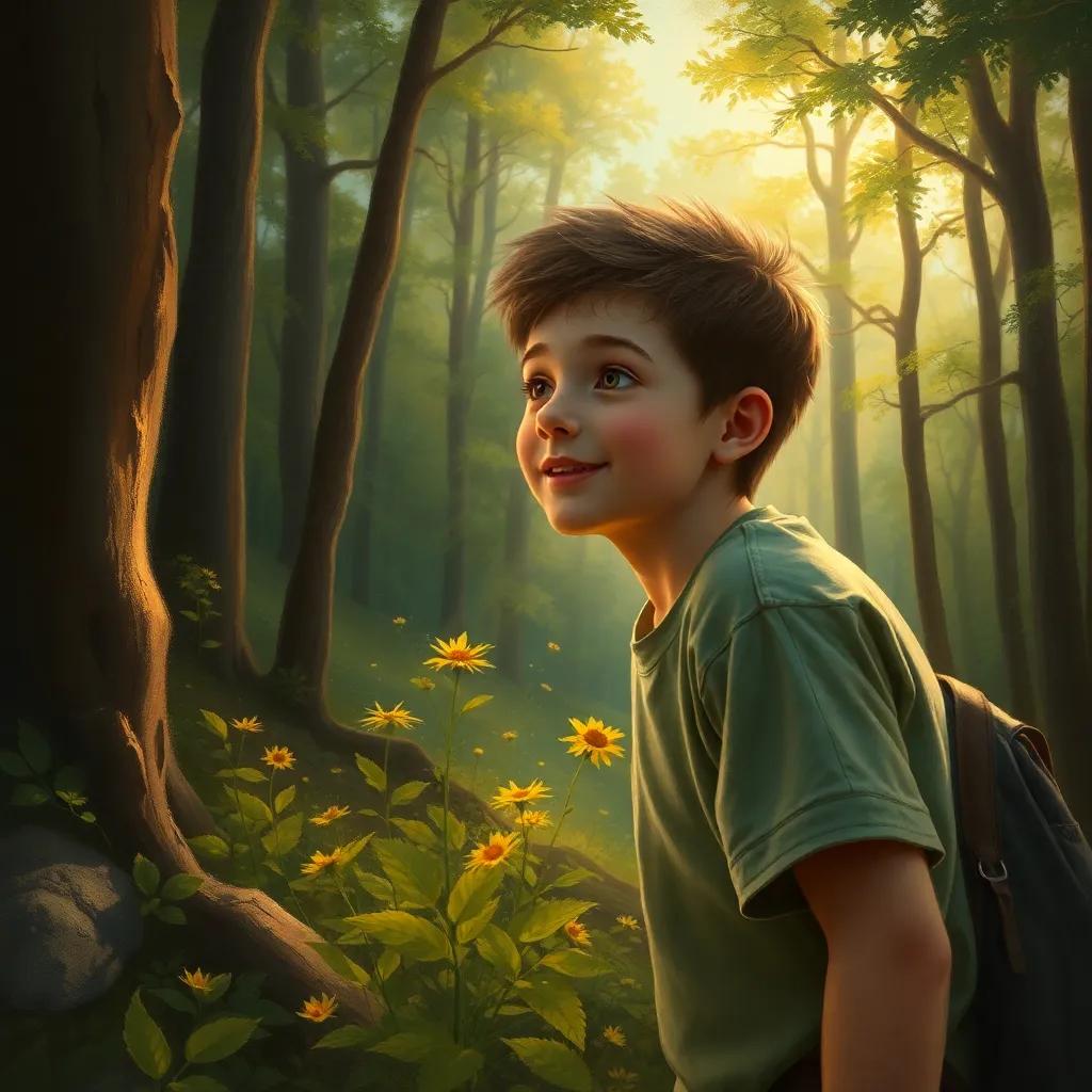 Fulful hearing his parents calling his name, feeling relieved and comforted, with the forest around him starting to brighten up, heartwarming, safe feel, high quality