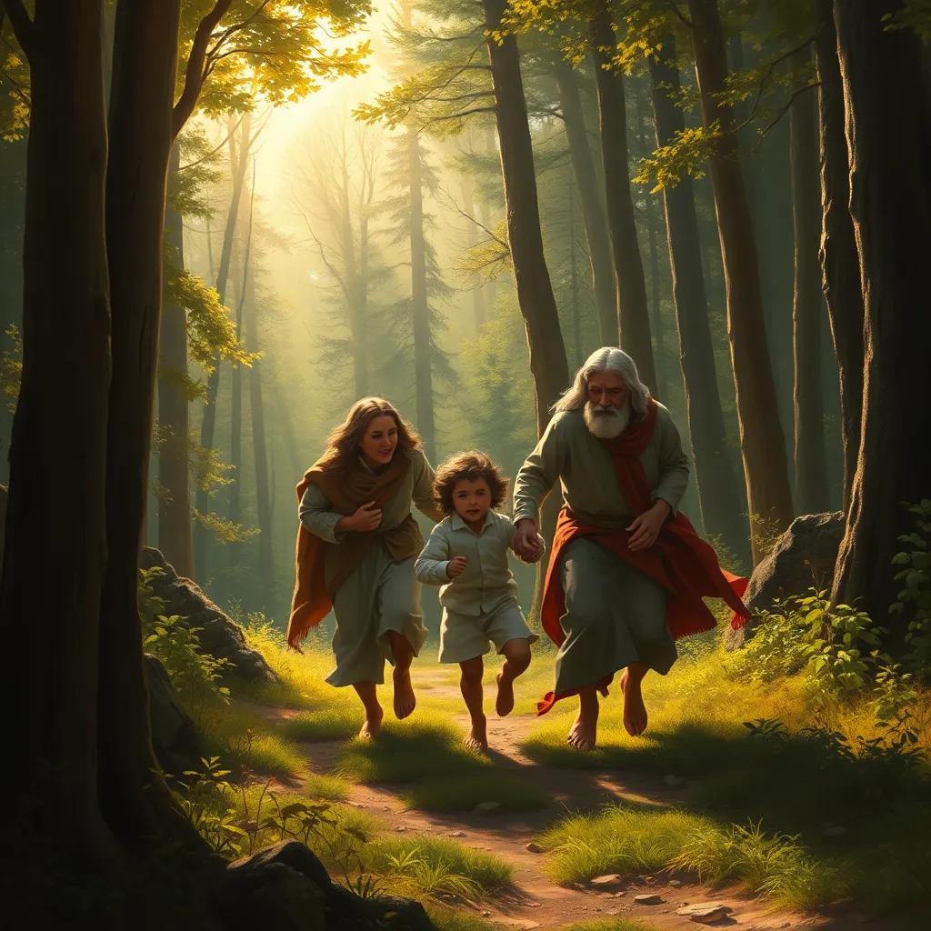 Fulful's loving parents, rushing towards him in the forest, full of concern and relief, as the sun shines through the trees, creating a warm light around them, emotional scene, high quality