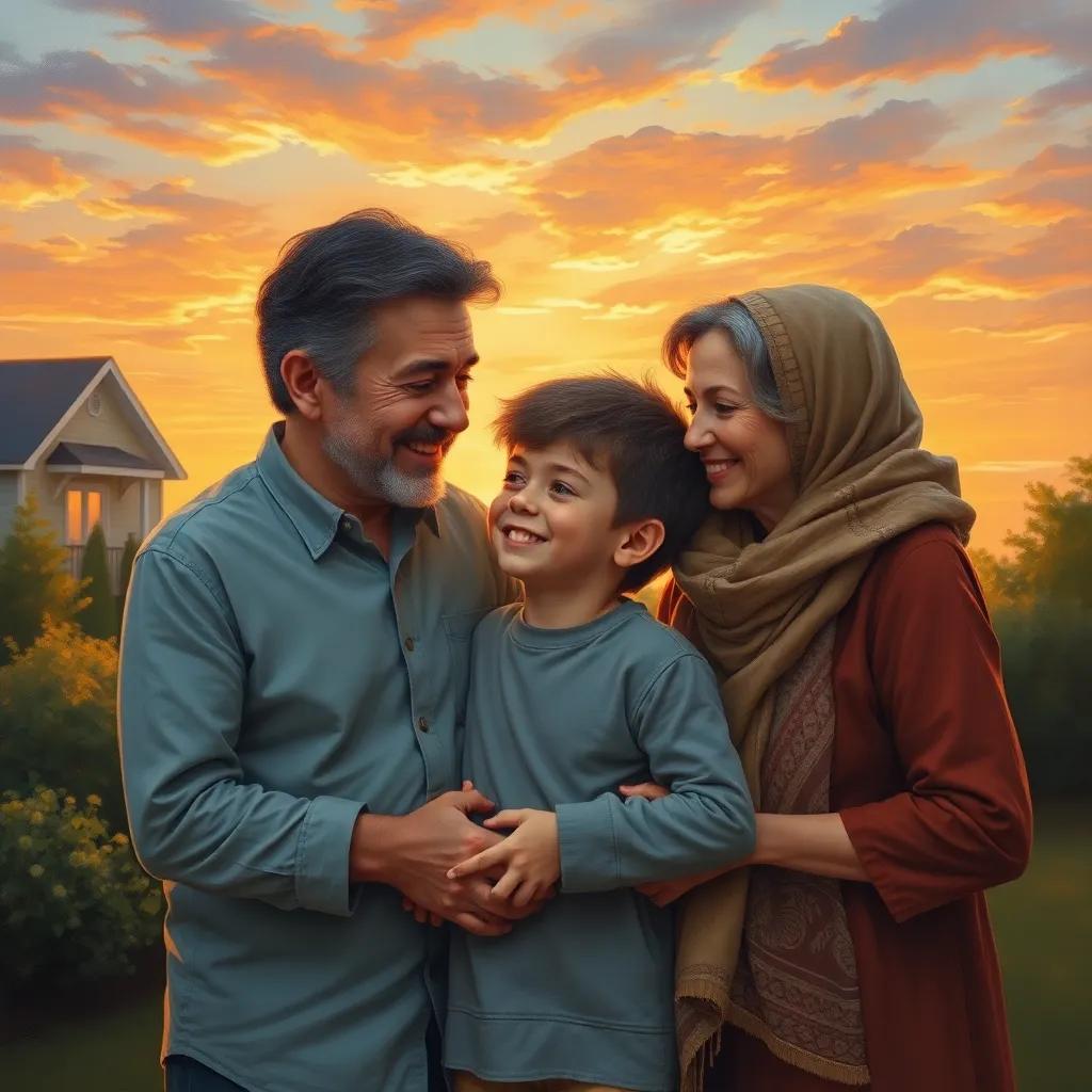 Fulful returning home with his parents peacefully, their expressions reflecting love and understanding, the sunset creating a beautiful backdrop, heartwarming, family love, high quality