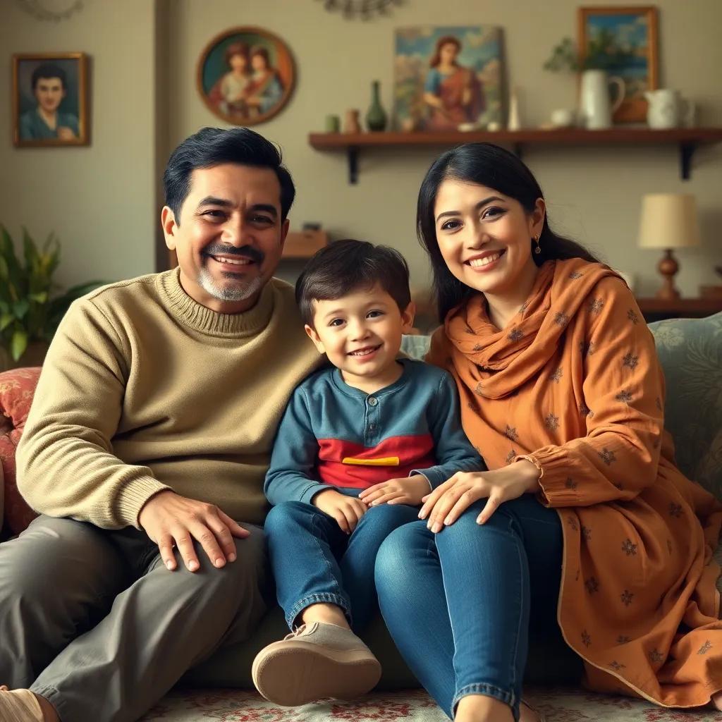 Fulful sitting with his parents at the cozy home, learning to be more obedient and understanding, their warm smiles suggesting love and care, colorful and vibrant, family bonding, high quality