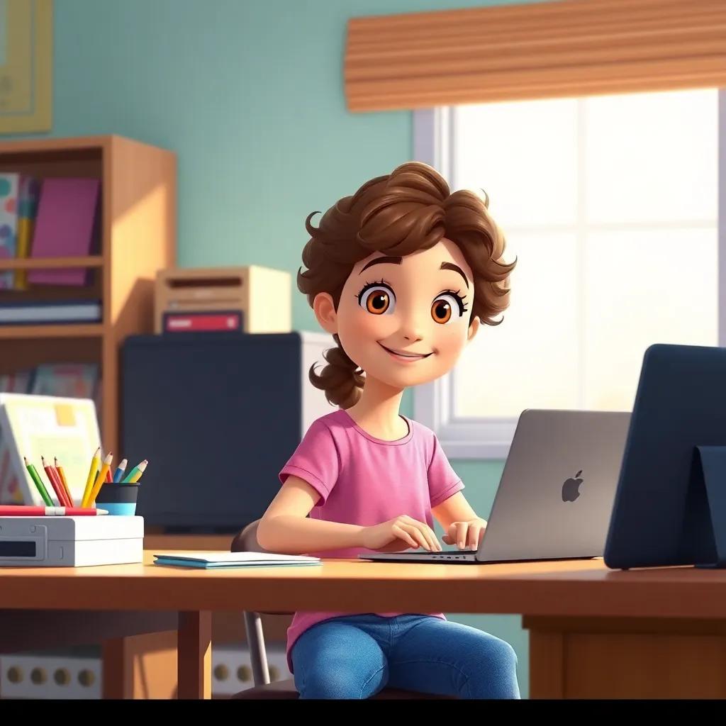 A young girl, Sarah, with curly brown hair, wearing a pink shirt and blue jeans, sitting at her desk with a laptop open, colorful stationery around her, cheerful atmosphere, bright light, digital art, cute and engaging