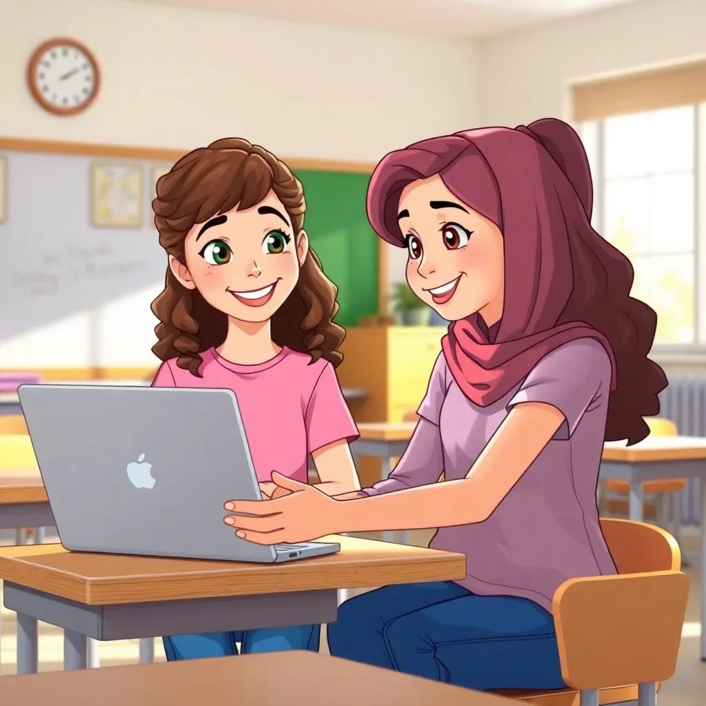 A young girl, Sarah, with curly brown hair, wearing a pink shirt and blue jeans, smiling while showing a list on her laptop to her friend Leila in a sunny classroom, friendly vibes, bright colors, illustration, uplifting