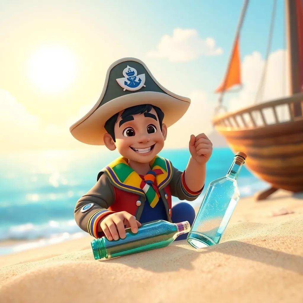 A brave captain named Hassan, wearing a colorful sailor's outfit with a big hat and a friendly smile, finding a sparkling bottle on a sandy shore under the bright sun, vibrant colors, cheerful atmosphere, high quality