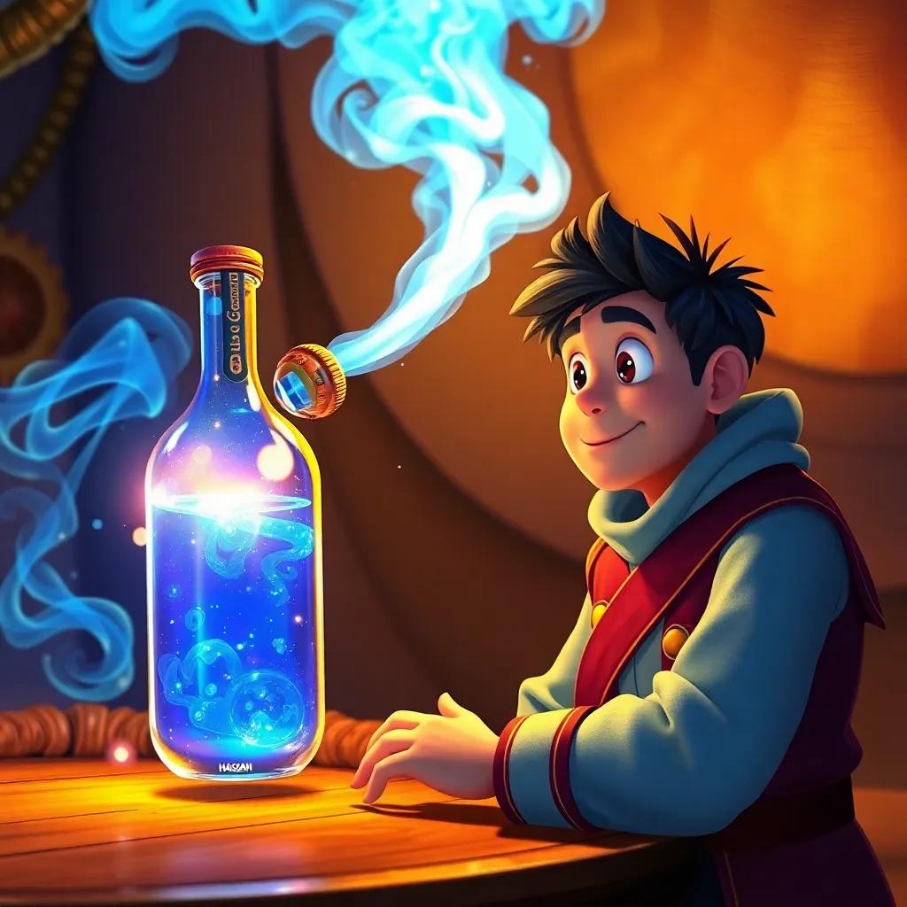 A magical bottle shining with light, with blue smoke swirling out, and Hassan, a brave captain, looking amazed as a friendly spirit appears, bright colors, enchanting scene, high quality
