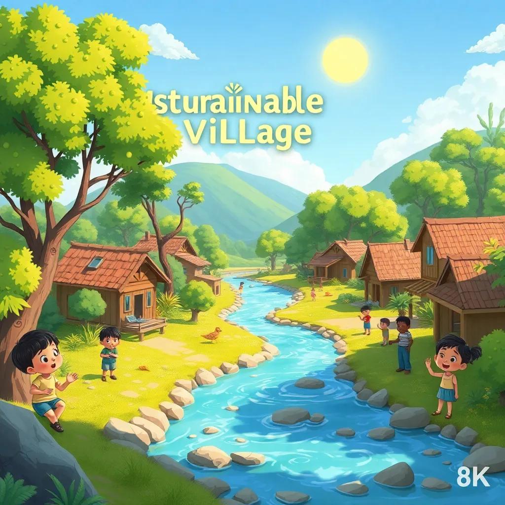 A small village named 'Sustainable Village' with green trees, clear river, and bright sun. Children playing around, feeling worried about the resources, vibrant colors, cheerful atmosphere, illustration, child-friendly