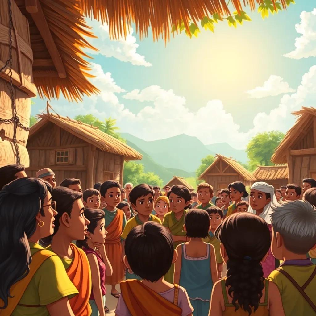 Gathering of villagers in the village square, sun shining bright, concerned faces as they discuss solutions to protect their environment, rich colors, communal spirit, warm light, detailed illustration