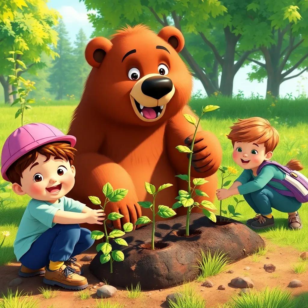 Children planting trees and a bear named Toto helping them, vibrant green surroundings, sunny day, playful atmosphere, cheerful expressions, teamwork and community effort represented beautifully