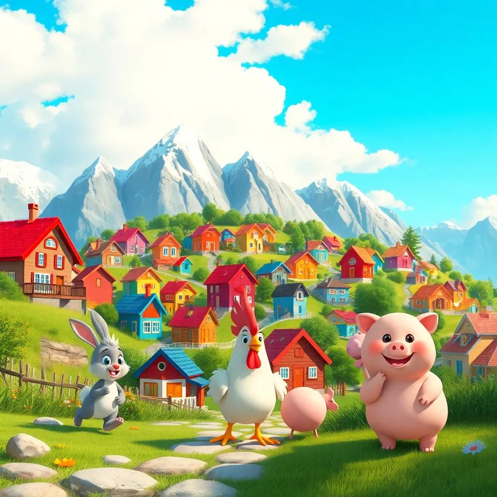 A happy village filled with colorful houses, nestled between mountains, with a bright blue sky and playful animals - a quick rabbit, a fluffy chicken, and a joyful pig - digital art, vibrant colors, cheerful atmosphere, high quality