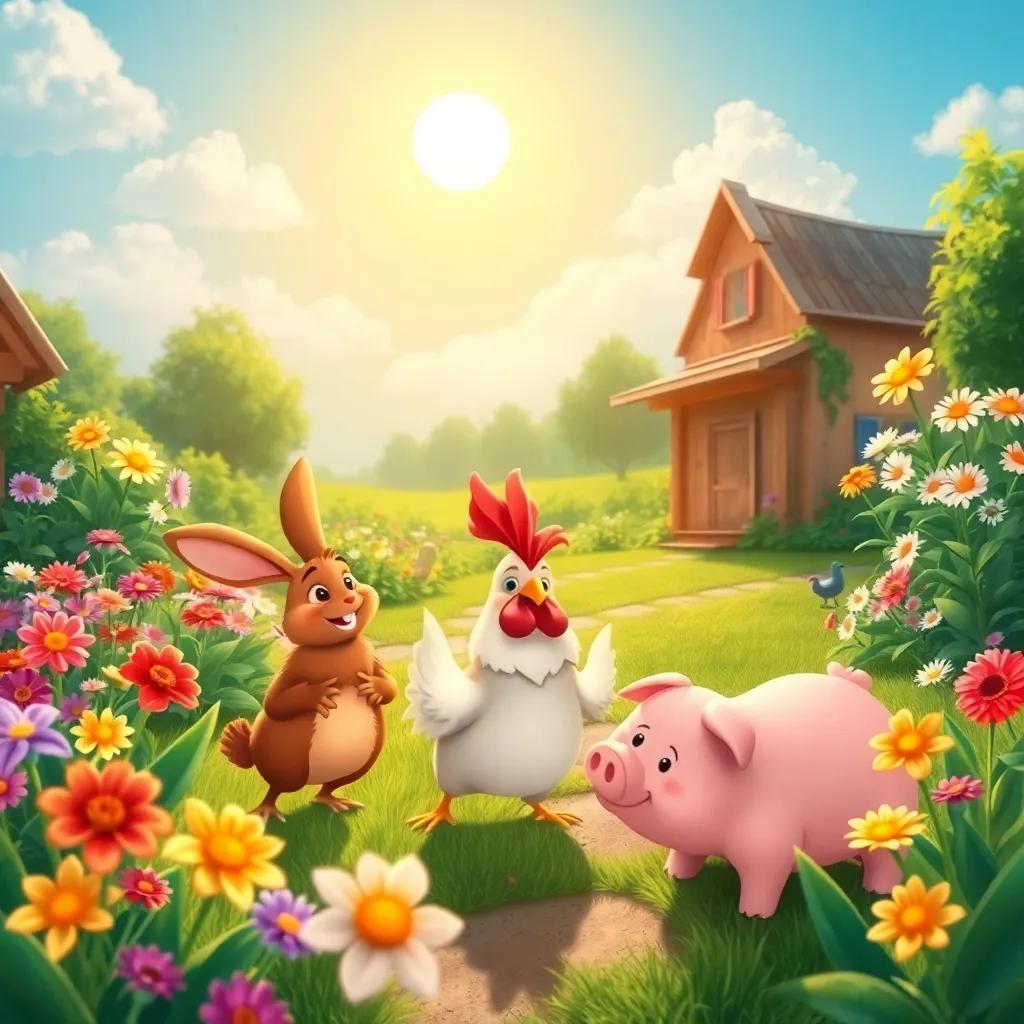 A bright garden in the village, full of blooming flowers under a shining sun. Animals are playing together, a rabbit, a chicken, and a pig, all having fun - illustration, colorful, joyful scene, child-friendly, high quality